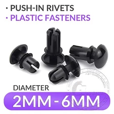 Push-In Rivets Plastic Rivet Trim Clips Fasteners 2mm - 6mm Black Nylon Rivet