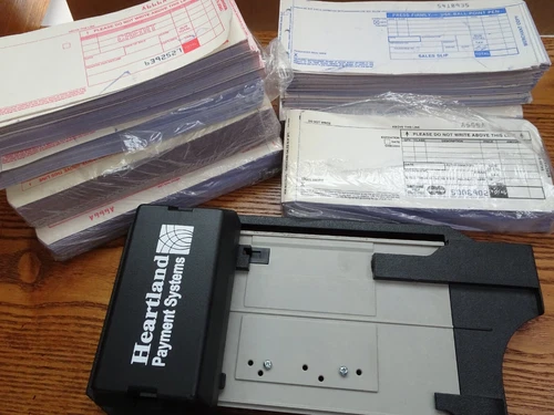 Addressograph Bartizan Credit Card Imprinter Slider  With Over 500 3 Part Slips.