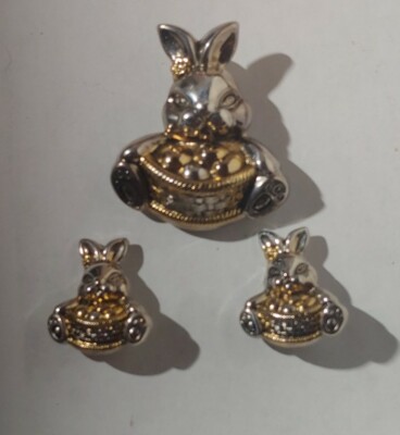 EASTER Brooch w/Earrings, Clip-on, Silver & Goldtone 
