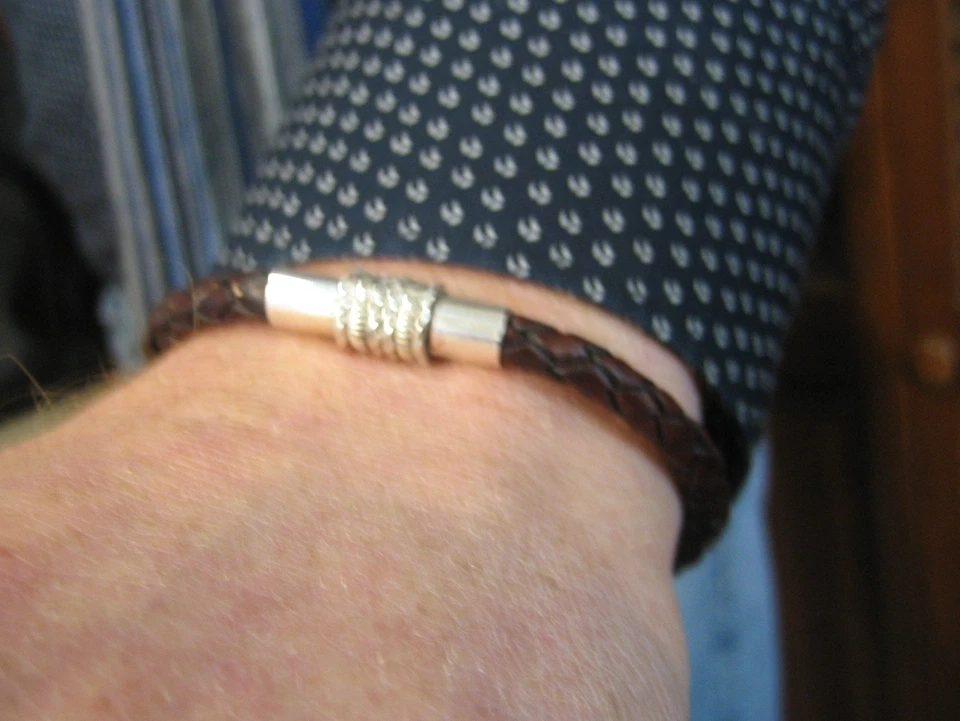 Plata de Ley 925 Tubo Decoración con 5mm Trenzado Italiano Cuero Pulsera Hombre/Mujer  Foto 2 de 4