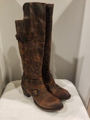Lane Ladies Tall Boots DISTRESSED Brown Leather 8.5  19'' ZIP BUCKLES LB0209A New