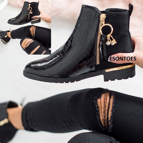 Mujer Chelsea Moda Cocodrilo Charol Cremallera Casual Oficina Botas |