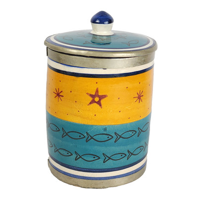 Vintage Moroccan Pottery Tadelakt Style Canister w Lid Blue Orange Fish READ ALL