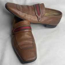 Gucci Tan Leather Loafers Square Toe Shoes Mens US 9.5D Logo Colored Monk Strap