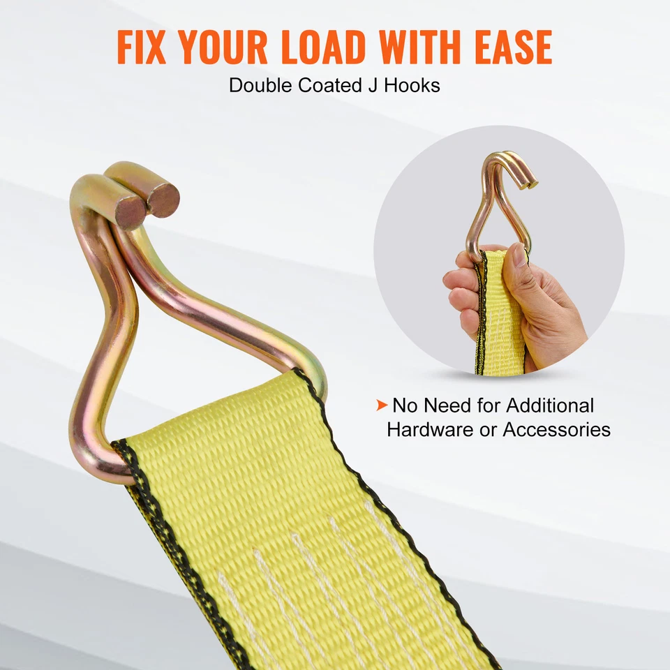 Paquete de 4 correas de amarre de trinquete de 10000 libras 2" x 27' gancho doble J de alta resistencia Foto 4 de 4