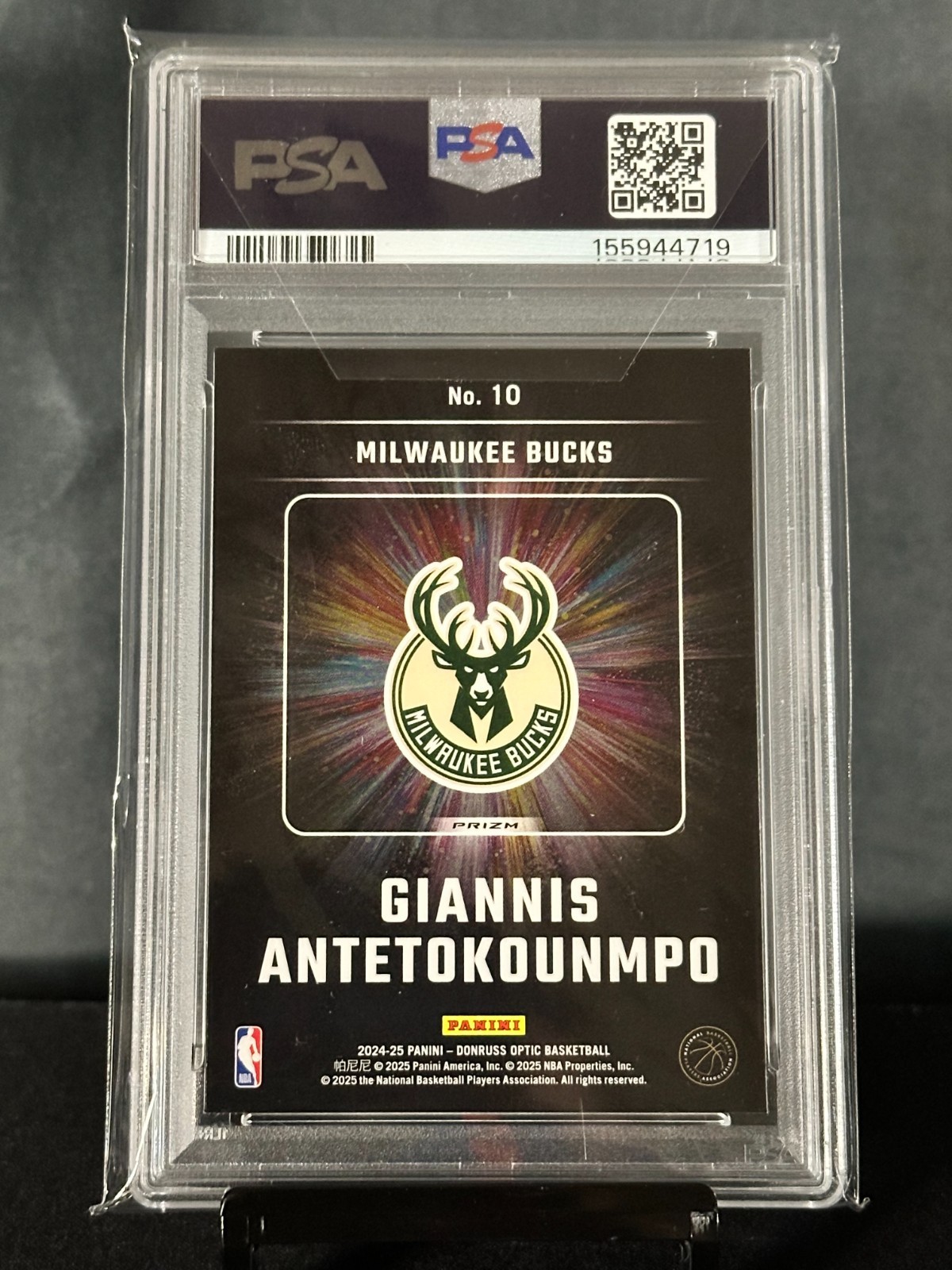 2024 PANINI DONRUSS OPTIC LIGHTS OUT HOLO #10 GIANNIS ANTETOKOUNMPO PSA 10 view 2