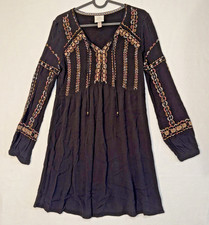 Knox Rose Lightweight Long Sleeve Dress Sz S w/Tie Embroidered Boho Indie Hippie