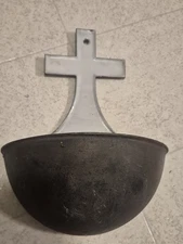 Antique Vintage Holy Water Font Bowl Holder cast Metal Heavy