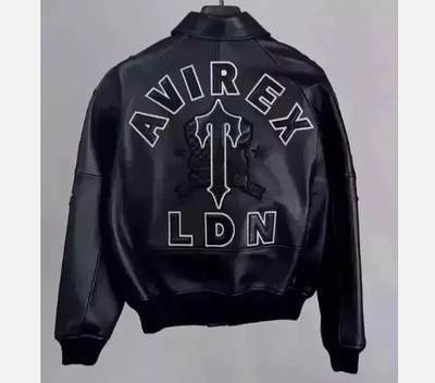 Men s TRAPSTAR X AVIREX Black American Bomber Genuine Cowhide Sof Leather Jacket