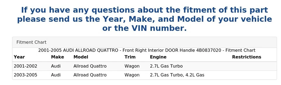 AUDI ALLROAD QUATTRO 2001-2005 - Manija puerta interior delantera derecha 4B0837020 Foto 4 de 4