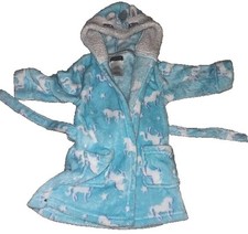 Toddler Girls 2T Blue Unicorn Hooded Robe Plush Sherpa Fleece Bathrobe