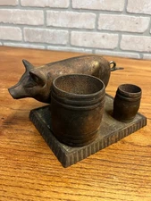 RARE Antique 19th c. Cast Iron Figural Pig Hog Cigar Cutter & Match Holder