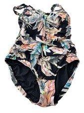 Jantzen Print Surplice Maillot One Piece Swimsuit Size 16 Black Cabana Beach NEW