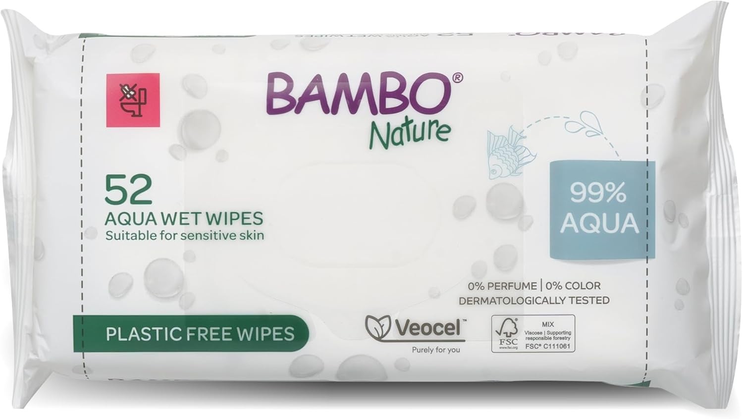 Bambo Nature Aqua Wet Wipes, 1 Pack (52 Wipes), 99% Water, Sensitive Skin Safe,