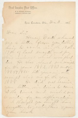 1886 New London WI Post Office Letter Hannah E Patchin Asst Postmaster Postal 