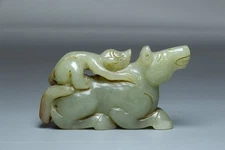 Chinese Antique Old Hetian Jade Hand-Carved Horse Monkey Statues Figurines