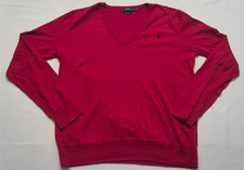 Polo Ralph Lauren men's red tight knit v-neck sweater LG Pima Cotton navy logo