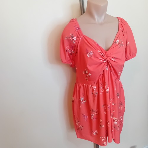 NWOT Plus 2DYE4 Floral Mini Dress Smocked Twist Front Coral Boho Cottagecore 2X - Picture 3 of 16