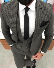 Designer Business Gray Checked Men's Suit Jacket Pants Vest Tailored Slim Fit