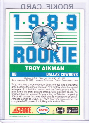 Troy Aikman ROOKIE CARD 1989 Score NFL FOOTBALL $$ RC Dallas Cowboys HOFer! - Bild 2 von 2