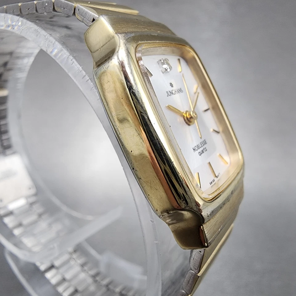 Reloj Junghans Noblesse Mujer 19mm Esfera Blanca Tono Dorado Rectángulo Batería Nueva Foto 4 de 4