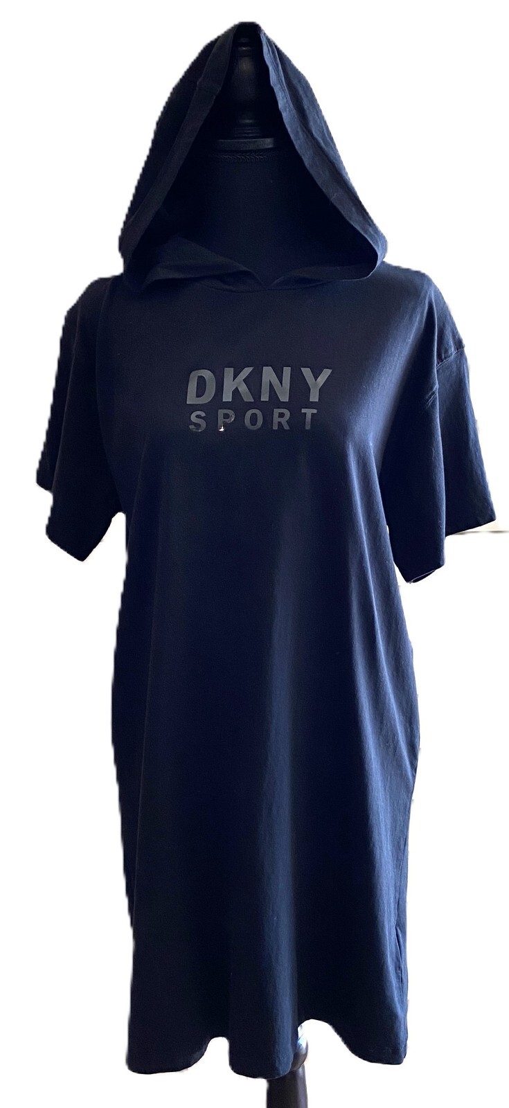 DKNY Sport Over-Sized Short Sleeve Hoodie Dress Logo Black Size L
