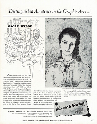 1950s Vintage Oscar Wilde Poet Florence Balcombe Art Winsor Newton Print Ad