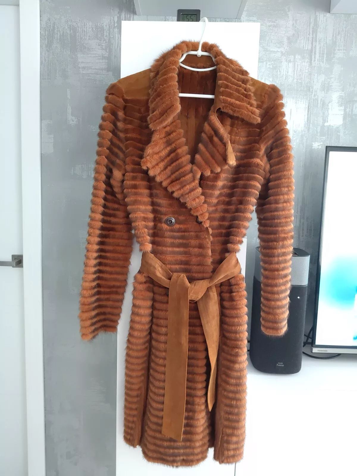 Veste manteau ceinture réversible Christian Dior cognac marron fourrure de vison daim tranchée