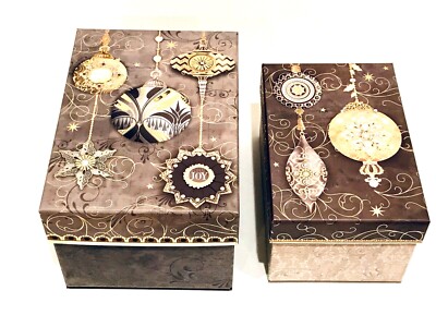 PUNCH STUDIO GOLD FOIL EMBELLISHED DECORATIVE BOXES ORNAMENTS SET OF 2