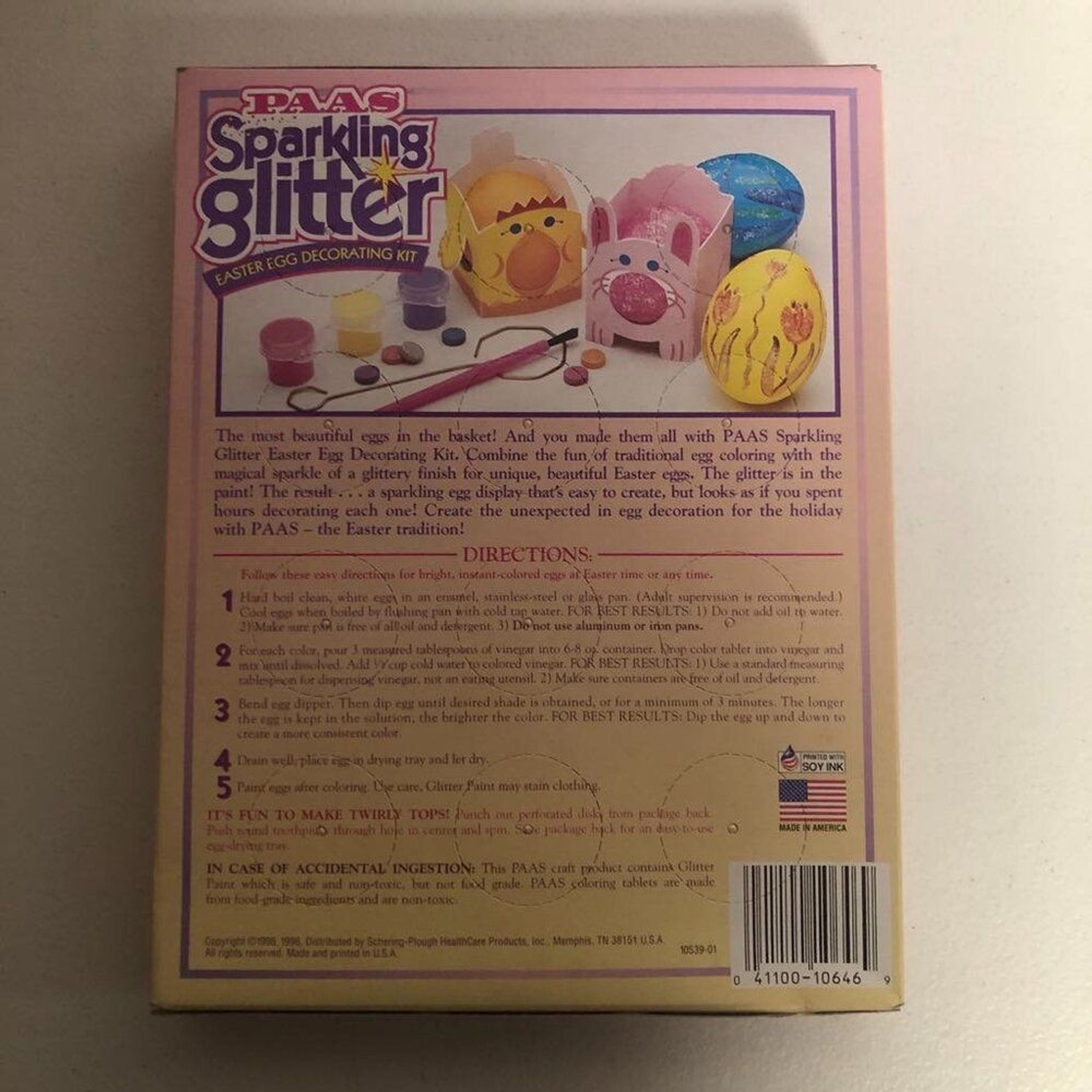 Vintage PAAS Glitter Egg Color Set with 3 glitter patches, pastel eggs, and instructions in yellow box.