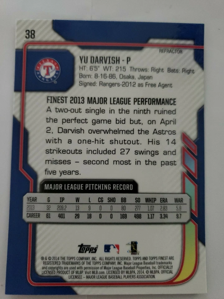 YU DARVISH 2014 TOPPS FINEST REFRACTOR CARD# 38 - Image 3 of 4