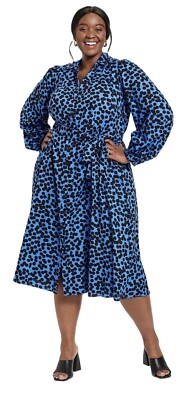 Ava & Viv Size 2X Blue & Black Dot Balloon Button Front Midi V-Neck Shirt Dress