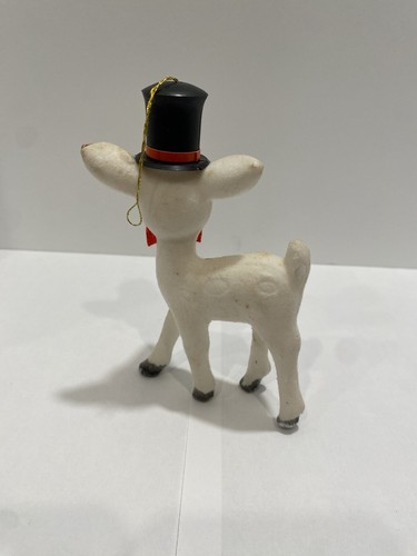 MCM Vintage Christmas Reindeer Ornament Flocked Blue Eyed Top Hat Retro - Picture 6 of 8