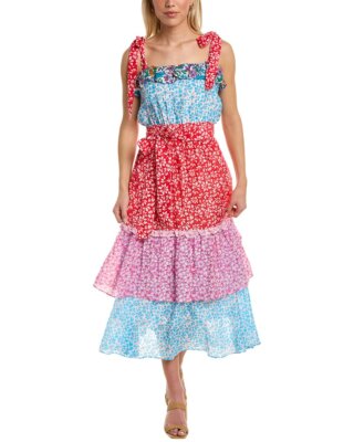 $248 NEW Roller Rabbit Floral Mix Eleanor Dress Red Blue SILK Belt Tie  Strap S M | eBay