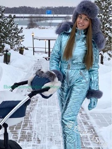 Shiny Hooded Warm Cotton Padded Jacket Fur Collar Jumpsuit Ski Suit Sports Women - Picture 11 of 30