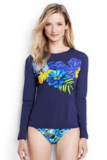 Lands End Women's LS Swim Tee Rash Guard Deep Sea Placed Italian Floral New