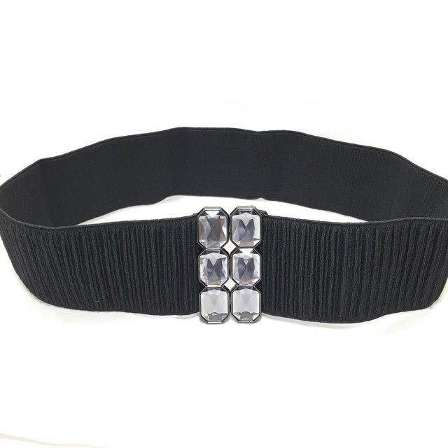 Women's Black Elastic Stretch Wide Belt Jeweled Buckle SZ Medium eBay