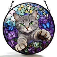 Stained Glass Window Hanging with Butterfly Design, 6.3x6.3 INCH Cat Suncatcher