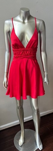 Satin Slip Red Mini Short vintage 90s style Halter Party swing circle Dress M - Picture 2 of 4