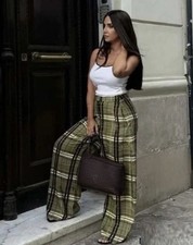 ZARA NUOVO PANTALONE DONNA VITA MEDIA ZW COLL LINO A QUADRI VERDE TAGLIA S 8371/029