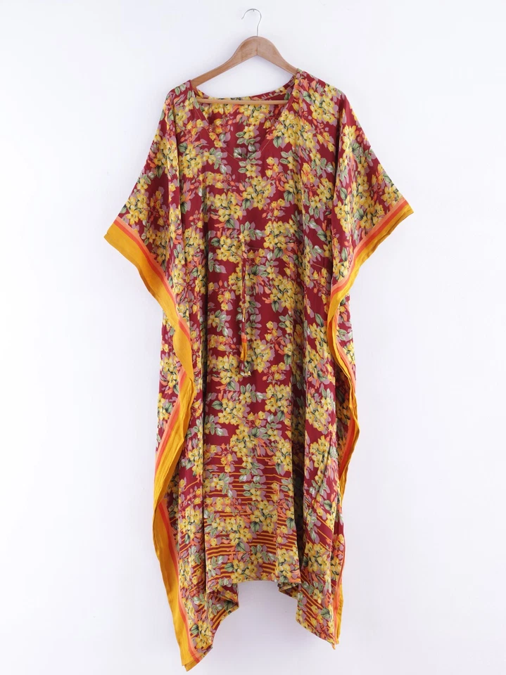 Vintage Seda Sari Kaftán Kimono Mujer Vacaciones Caftán Vestido Largo Amarillo - Imagen 4 de 4