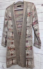 On Blue Women s M Aztec Tribal Western Boho Tan Cardigan Sweater Open Front