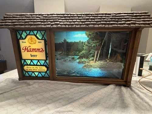 VINTAGE 1960s HAMMS BEER SCENE-O-RAMA MOTION SIGN WATERFALL CAMP FIRE WHITE BACK