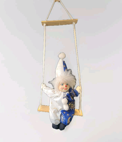 Small Vintage Porcelain Face Clown On A Wooden Swing Figurine Collectable Retro - Picture 1 of 6