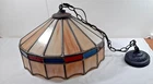 MCM VINTAGE TIFFANY STYLE STAINED GLASS HANGING LAMP 16"  Red/Blue Accents