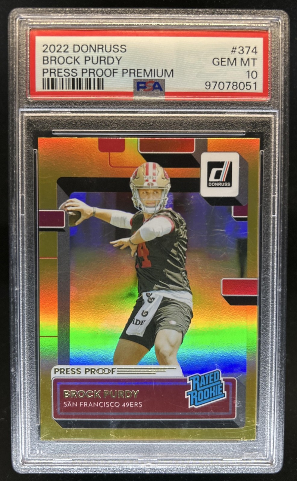 2022 Panini Donruss Brock Purdy Premium Press Proof RC Rated Rookie #374 PSA 10 view 1