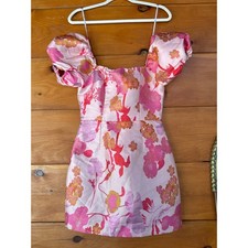 NWOT Lulus So Stunning Orange Multi Floral Jacquard Puff Sleeve Mini Dress Sz XS