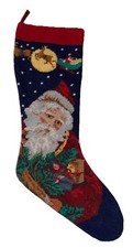 Vintage Christmas Needlepoint Wool Stocking Santa Presents Traditional