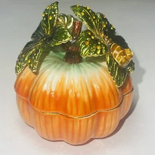 Trinket Box Enamel Rhinestone Pumpkin Art Form Fine Collectables Orange Green