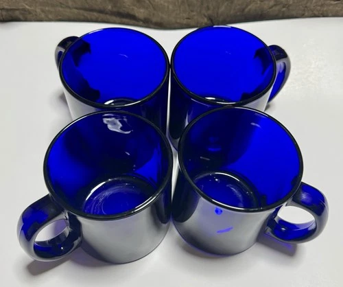Set Of 4 Cobalt Blue Glass Mugs, Vintage. Made in USA